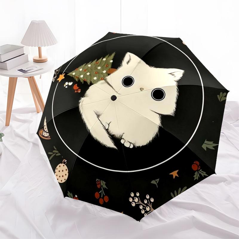 1pc Christmas Cat Decorative Placemat Umbrella with Plastic Handle,Suitable for All Seasons Home Travel Outdoor UmbrellaDD221