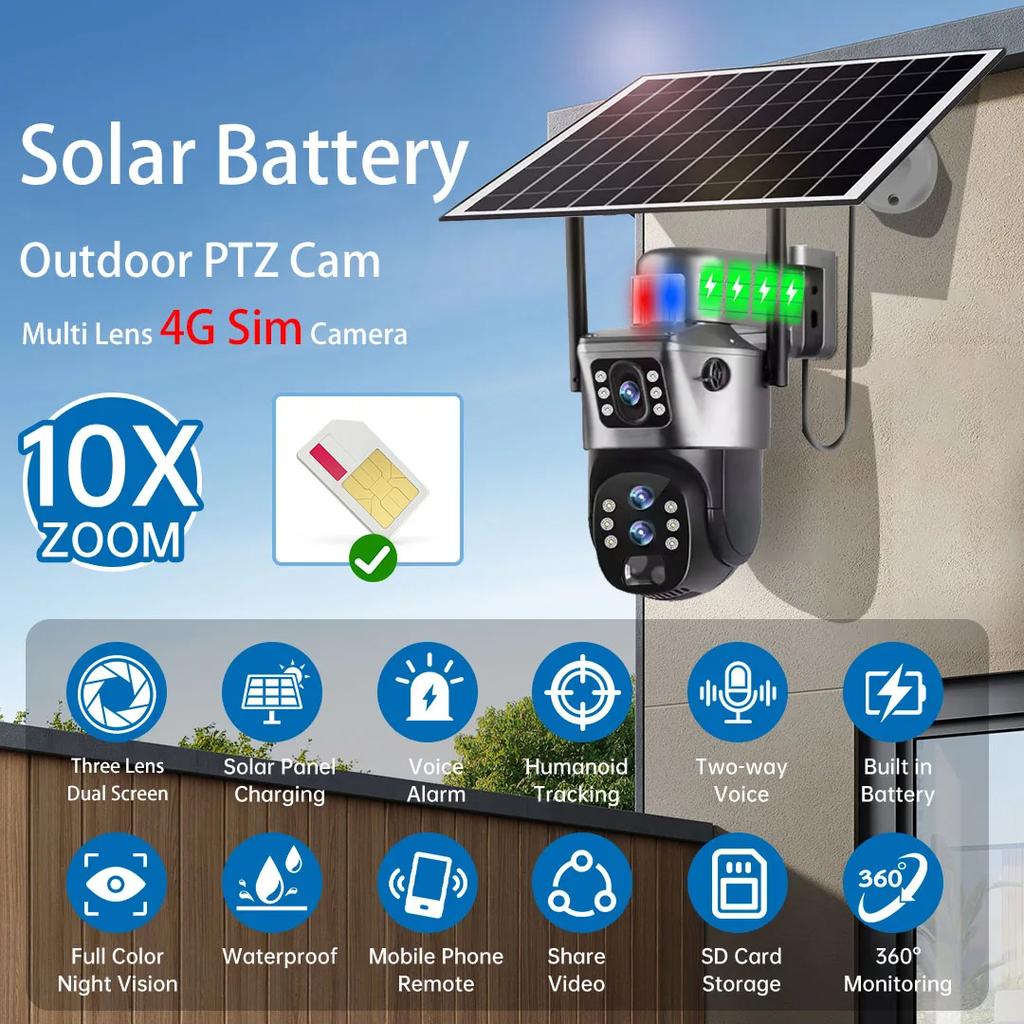 LS VISION 6K 12MP Solar Cameras 4G Sim Outdoor Three Lens 10x Zoom Surveillance IP Wireless CCTV AI Tracking Camara 360 Security Cam V380