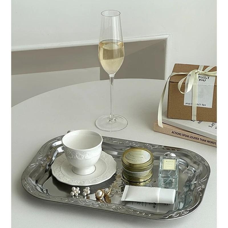 Винтажный поднос из нержавеющей стали, сервировочные подносы с цветочным тиснением для десерта, прямоугольная тарелка для хранения ювелирных изделий, инструмент для украшения дома