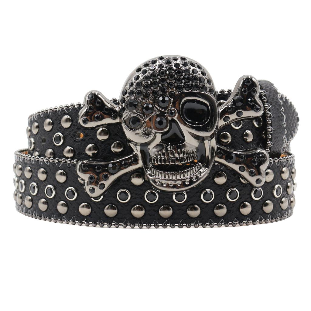 Snake Pattern Diamond Skull Belt Pin Buckle Retro Rhinestone Men and Women Denim Belt Fashion Hip-hop Punk Outfit