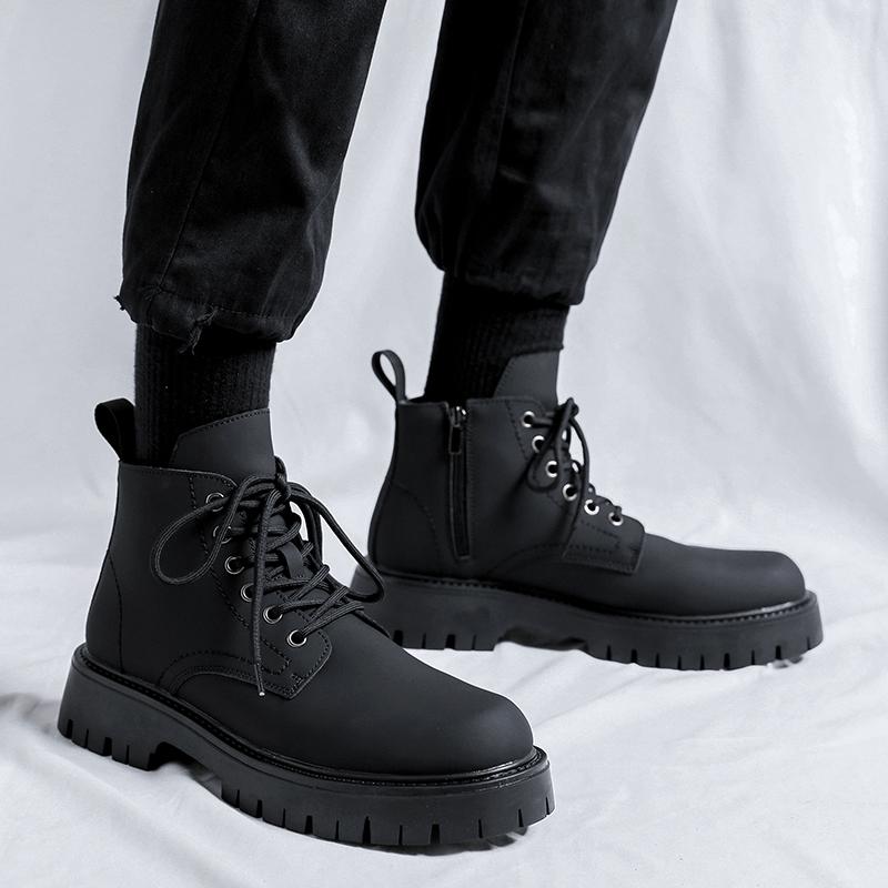 2024 Genuine Leather Mid Top Boots Men Platform Thick Sole Classic Black British Style Chelsea Boots High-top Men Punk Shoes