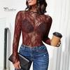 Женские топы с воротником-стойкой, длинными рукавами, облегающие блузки, сексуальные прозрачные сетчатые рубашки с цветочной вышивкой