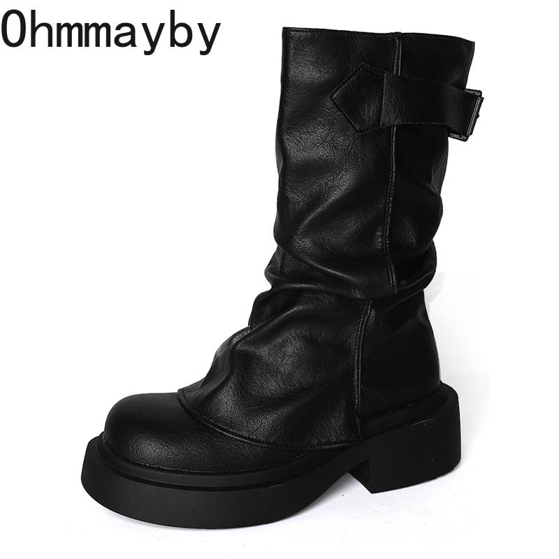 Fashion Vintage Women Western Cowgirl Boots Fashion Belt Buckle Shoes Autumn Winter Thick Heel Ladies Modern Short Booties