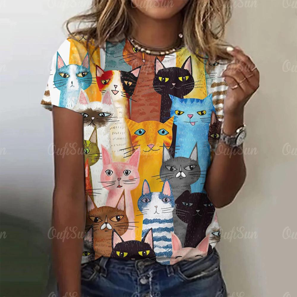 2025 Летняя женская футболка с рисунком милого кота, топы, футболки, женская модная одежда с коротким рукавом, повседневный стильный наряд