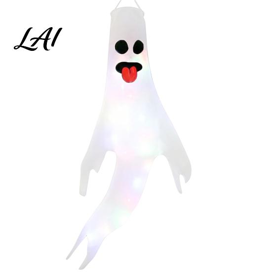 Halloween Garden Atmosphere Lights 47 Inch Hanging Ghost Windsock with LED Lights Luminous Flying Ghosts Front Door Decor Flag Wind Socks for