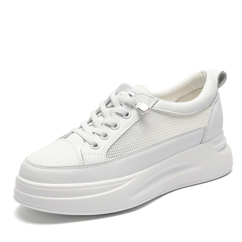 Women's Genuine Leather Mesh White Sneakers - 2024 Spring/Summer Lightweight Casual Height-Enhancing Thick-Soled Shoes