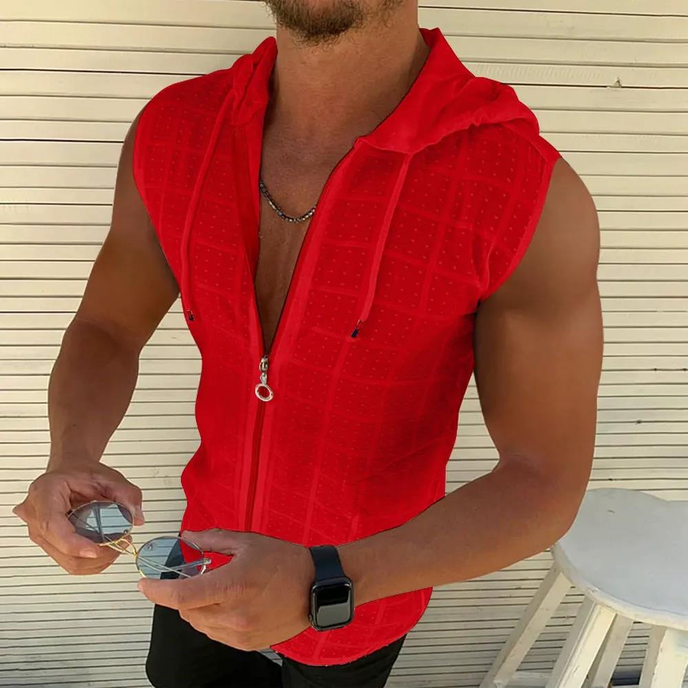 2026 sleeveless hooded zipper cardigan T-shirt for men's summer new fashion plaid sleeveless T-shirt for men's lapel top