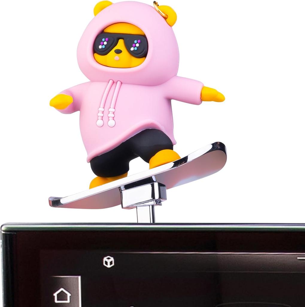 Skateboarding Bear Car Dashboard Ornament 6cm X 6cm - Funny Sliding Decoration for Car Interior, Rose Pink Silicone Skater Bear Figurine
