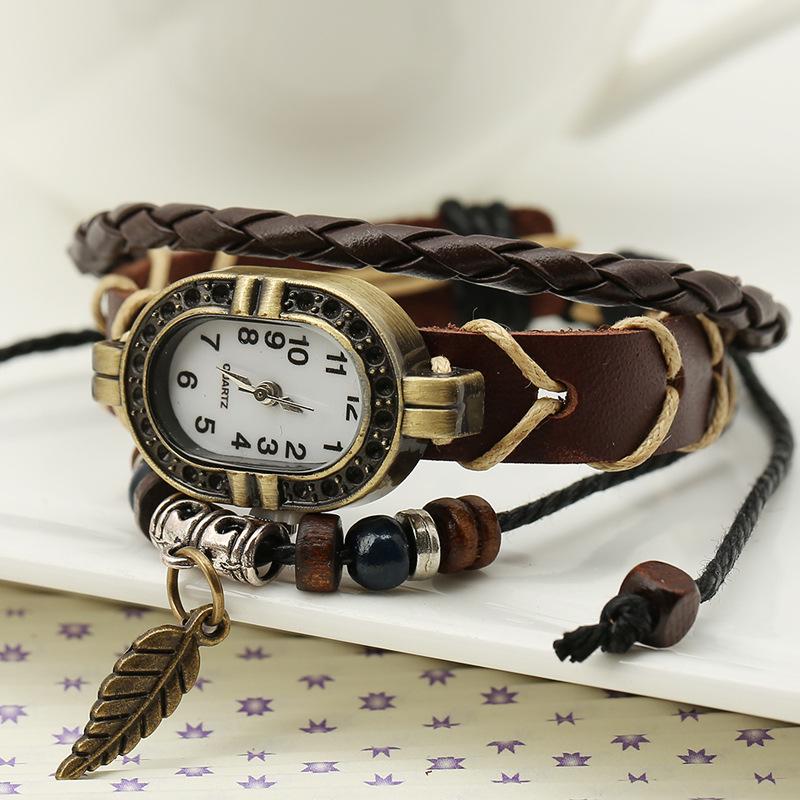 Ретро-браслет-часы из натуральной кожи в стиле листьев для мужчин и женщин
