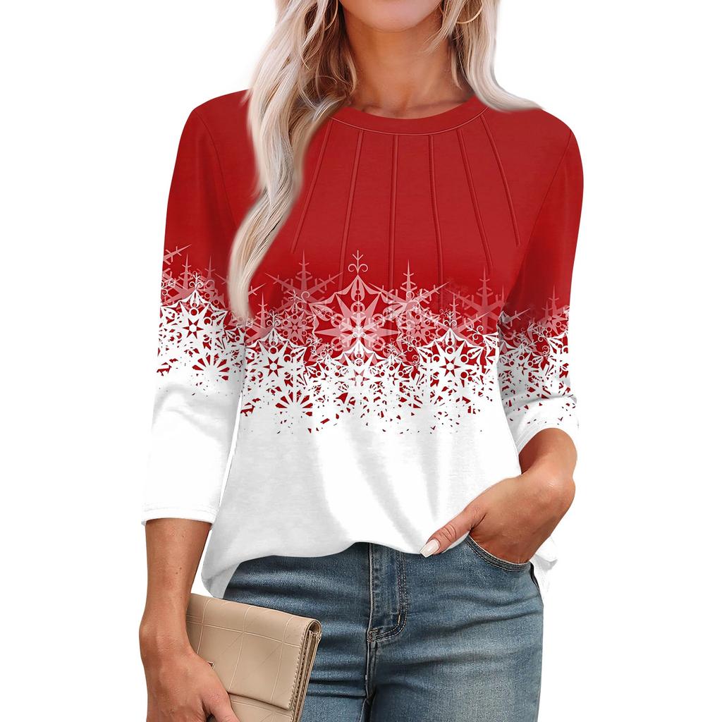 Женская модная футболка с круглым вырезом и рукавом 3/4 с принтом, повседневная, базовая, плиссированная, пуловер