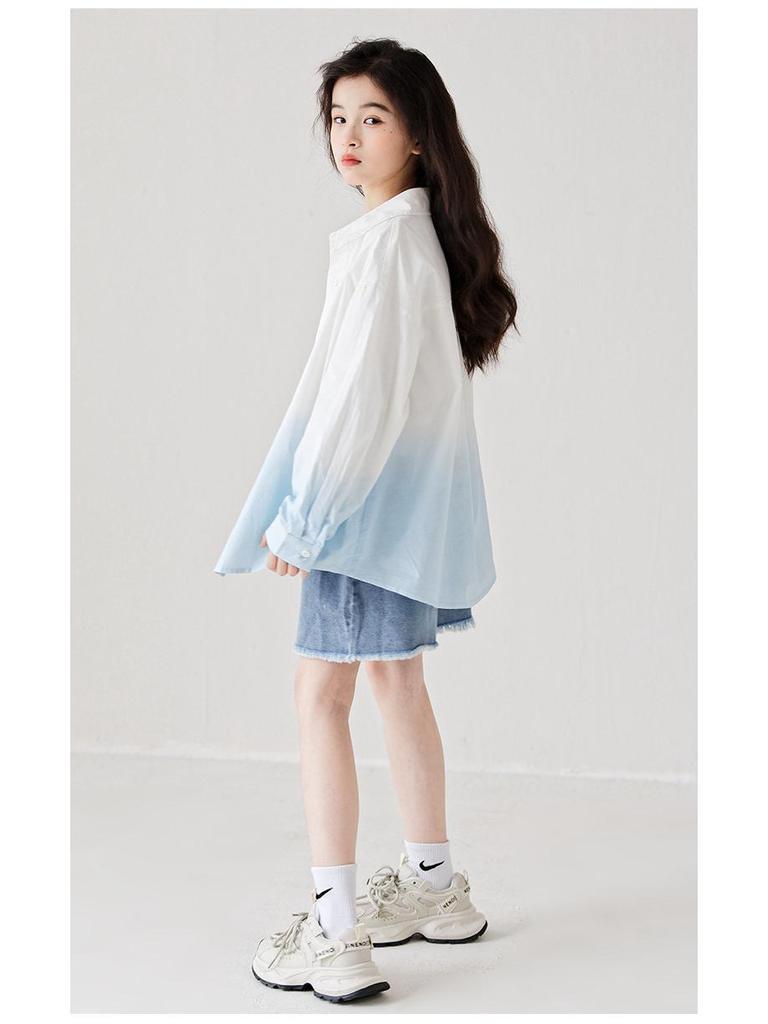 Girls' Trendy Gradient Long-Sleeve Cotton Shirt - Spring/Summer 2025, Medium/Large, Lapel Cardigan, Parent-Child Matching.