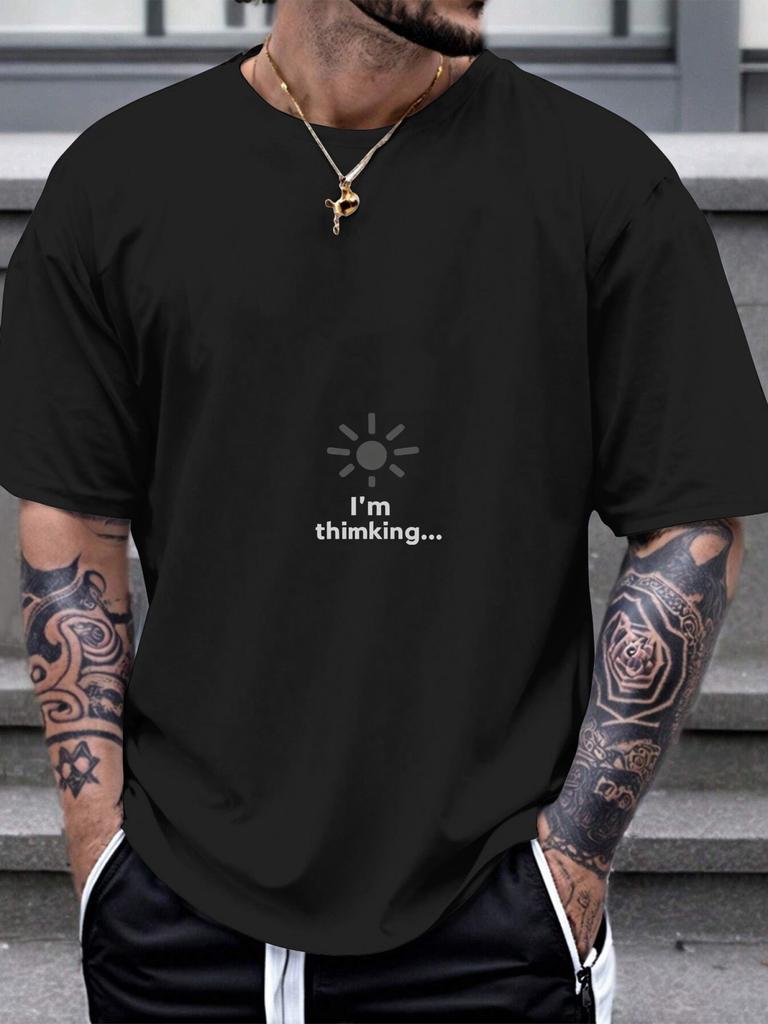 1pc Retro Minimalist Graphic T-shirt - 180g 100% Cotton Crew Neck Short Sleeve Tee with "I'm Thinking..." Sun Graphic