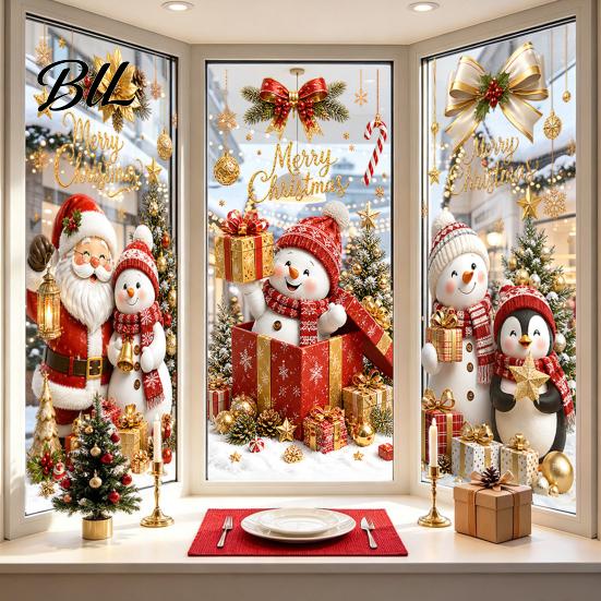 Holiday Glass Clings Christmas Window Clings, Cute Snowman Santa Penguin Reindeer Stickers for Home Decoration Glass, Reusable Static PVC Decal Party
