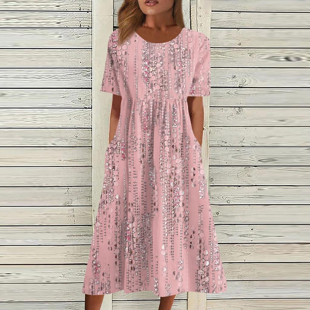 Women's Casual Dresses Printed Dresses Summer Dresses Printed Pleated Round Neck Midi Dresses Basic Classic Outdoor Daily Short Sleeve Loose Dresses
