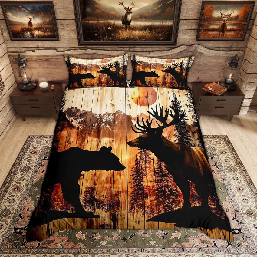 Comforter Homewish Rustic Deer Bear Woodland Animal Checkered Set Farmhouse Lodge Cabin Bedding Set