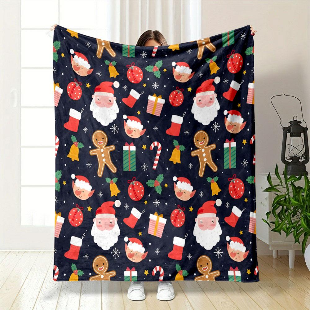 Christmas Pattern with Santa and Icons Patterned blanket, flannel, suitable for all seasons, home decor, warm and cozy