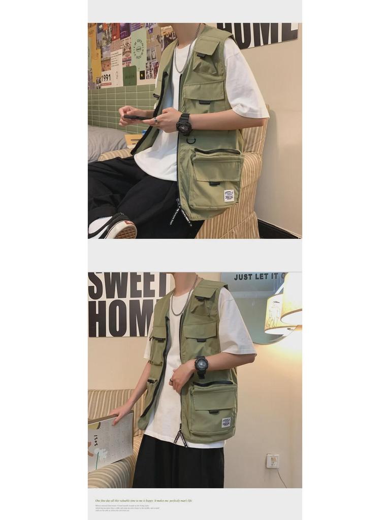 Men's Korean Style Multi-Pocket Workwear Vest - Trendy, Loose, and Sleeveless Summer Waistcoat