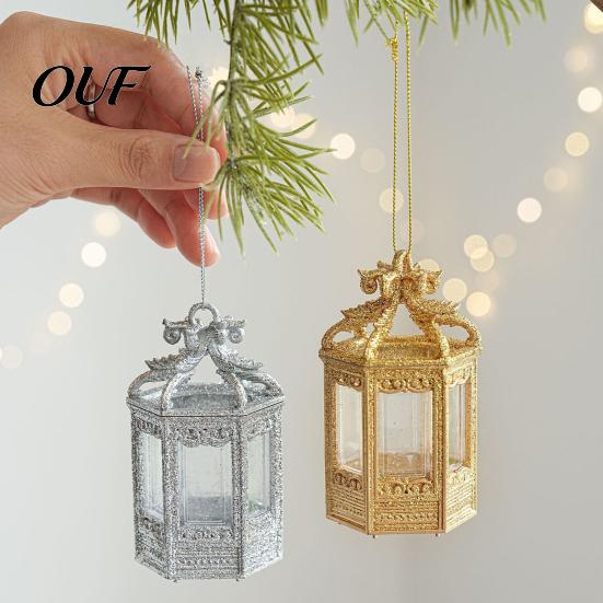 Gold Silver Glitter Holiday Pendants Vintage Hollow Mini Lantern Christmas Ornament, Hanging Decorative Lanterns for Windows Arches Decor, Hexagon