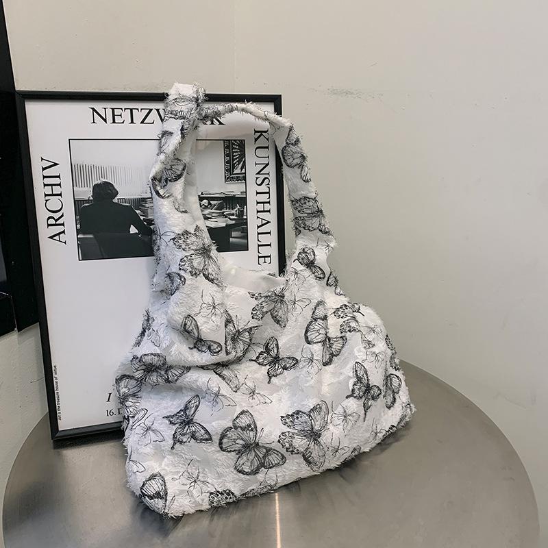 Lace Butterfly Canvas Bag Women's New Trendy Korean Style Literary Tote Bag Student Class Large Capacity Bag
