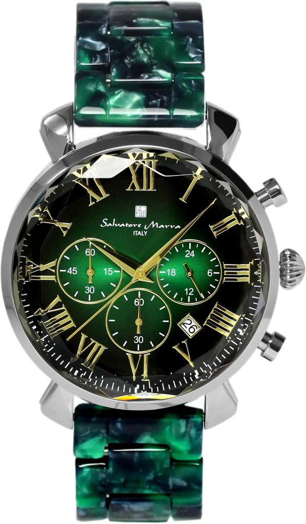 Часы с многогранным стеклом, хронограф, ацетатный ремень, градиент, зеленое золото [Salvatore Mara], мужские SM19104A-SSGRGD
