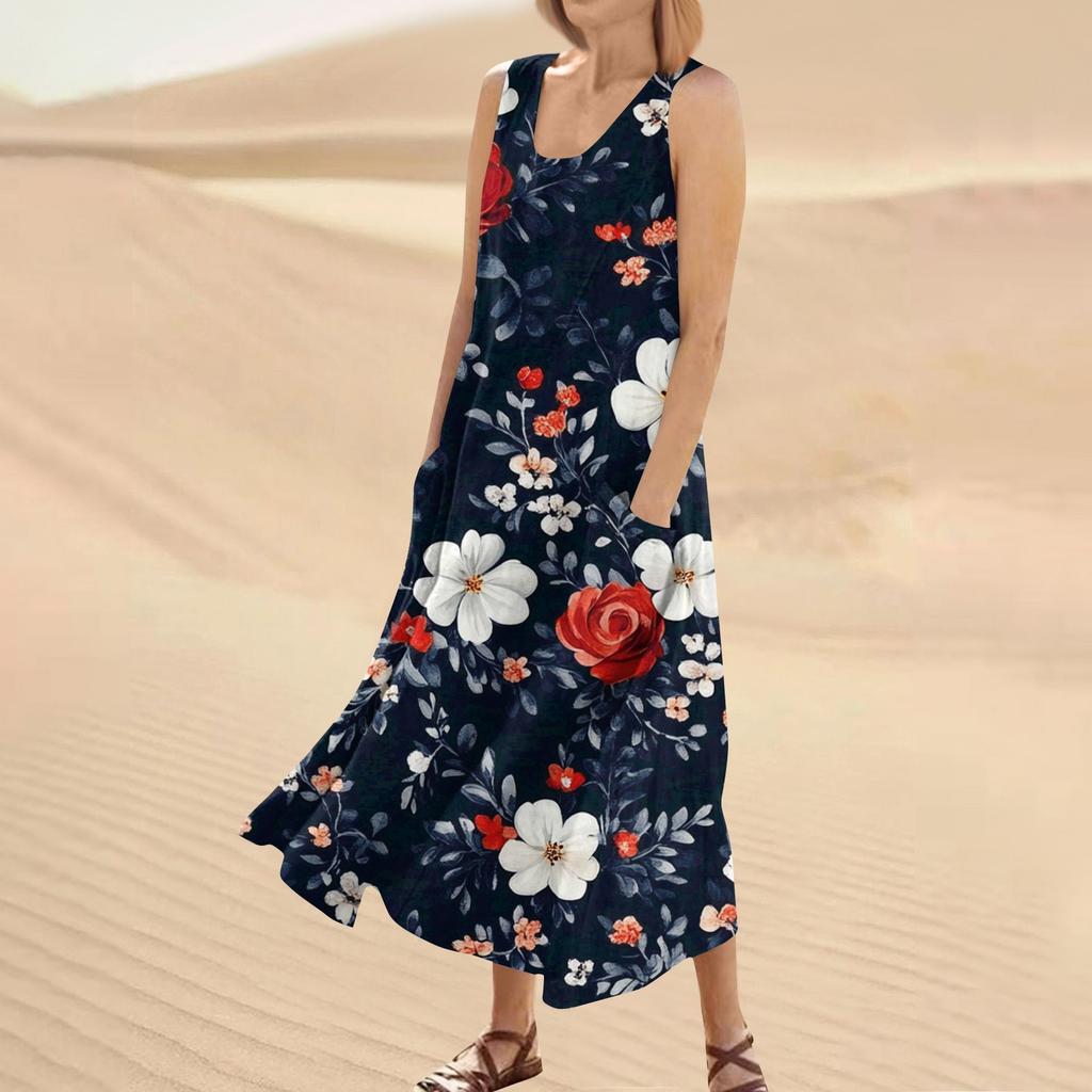 Женское летнее повседневное модное платье без рукавов с круглым вырезом и карманом с цветочным принтом