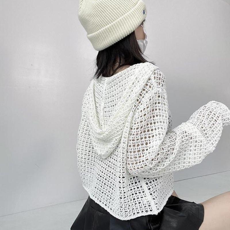 Long Sleeved Sun Protection Cardigan Korean Version Lazy Top Hooded Knitted Spring/summer Short Cut Hollow Knit Sweater
