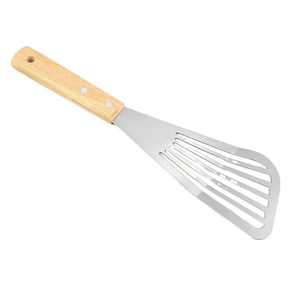 Wooden Handle Slotted Fish Turner Stainless Steel Flipping Frying Spatulas Steak