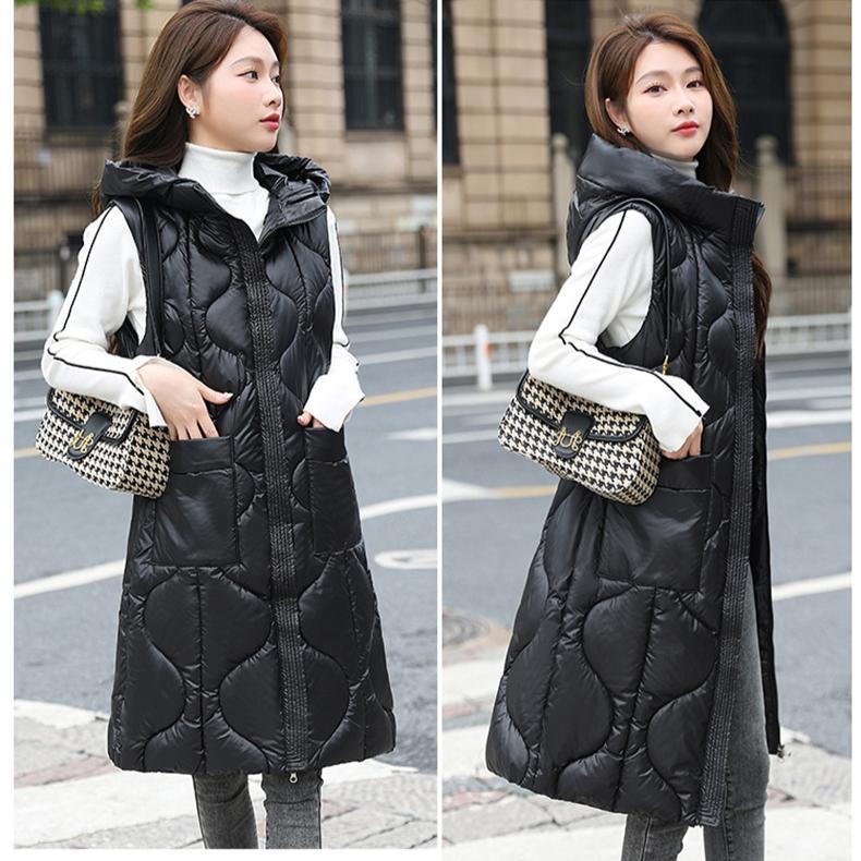 Casual Warm Sleeveless Vest Coat Long Down Cotton Jacket Solid Hooded Padded Parkas Vests Loose Female Korea Winter Waistcoat