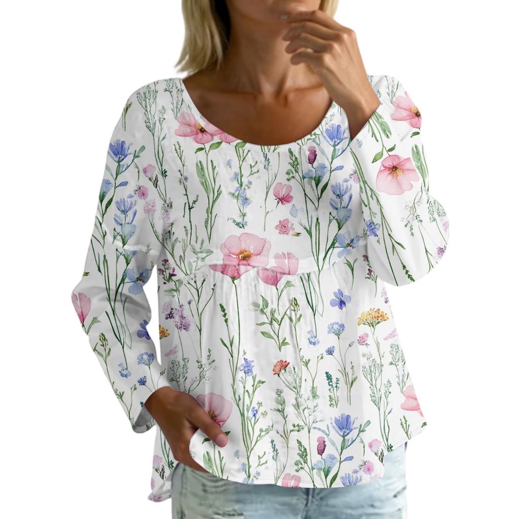 Women's Casual Fashion Loose Round Neck Floral Print Long Sleeve Top