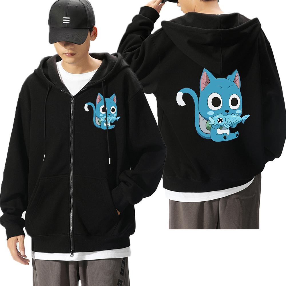Hot Anime Fairy Tail Happy Cat Cute Graphic Hooded Men Women Zip Up Hoodies Casual Loose Sweatshirt Harajuku Men's Zipper Jacket