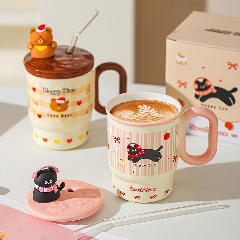 Summer New Straw Cup Doodle Animal Ceramic Water Cup with Lid Cartoon Mug Cute Birthday Gift