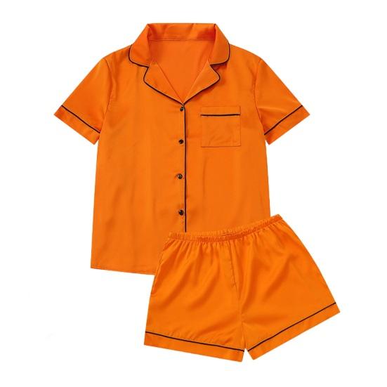 2 Pcs/Set Women Shirt Shorts Suit V Neck Lapel Short Sleeves Satin Solid Color Top Elastic Waist Short Trousers Homewear Loungewear OutfitLoungewear