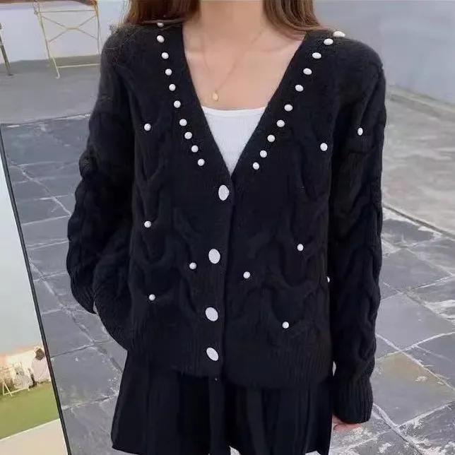 Весенне-осенний вязаный кардиган женский свитер свободный короткий стиль вязаный верхний свитер милый бисерный V-образный вырез вязаный кардиган женский