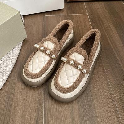 Модные женские туфли на плоской подошве, зимние новые туфли с круглым носком и глубоким ртом, с бусинами, мягкая подошва, нескользящая, износостойкая, низкая обувь