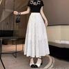 DX~~Minimalist Polka Dot Patchwork Half Skirt with Elastic Waist, Slimming A-line Skirt, Versatile for Summer, Large Hem Long Skirt