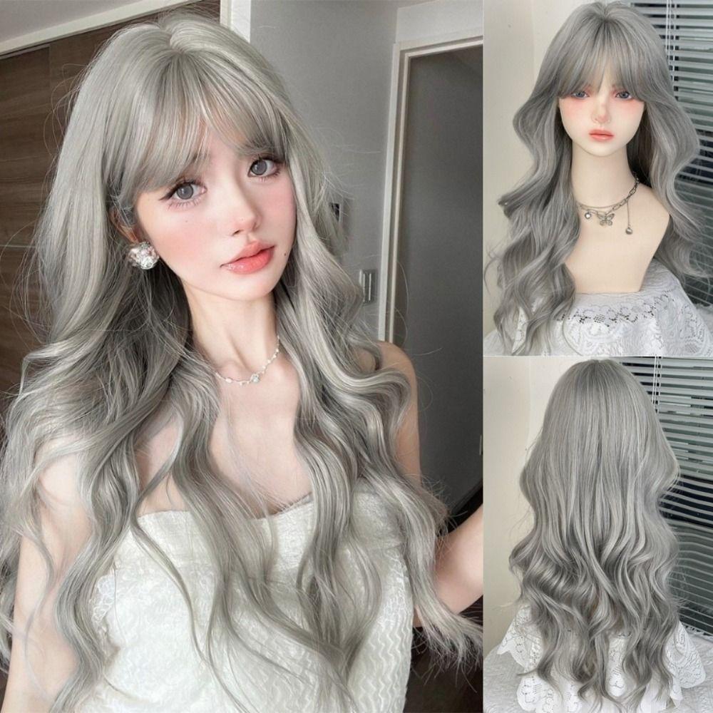 Air Bangs Grey Cosplay Wigs with Bangs Halloween Lolita Headband Wigs Long Curly Wave Hair Girl