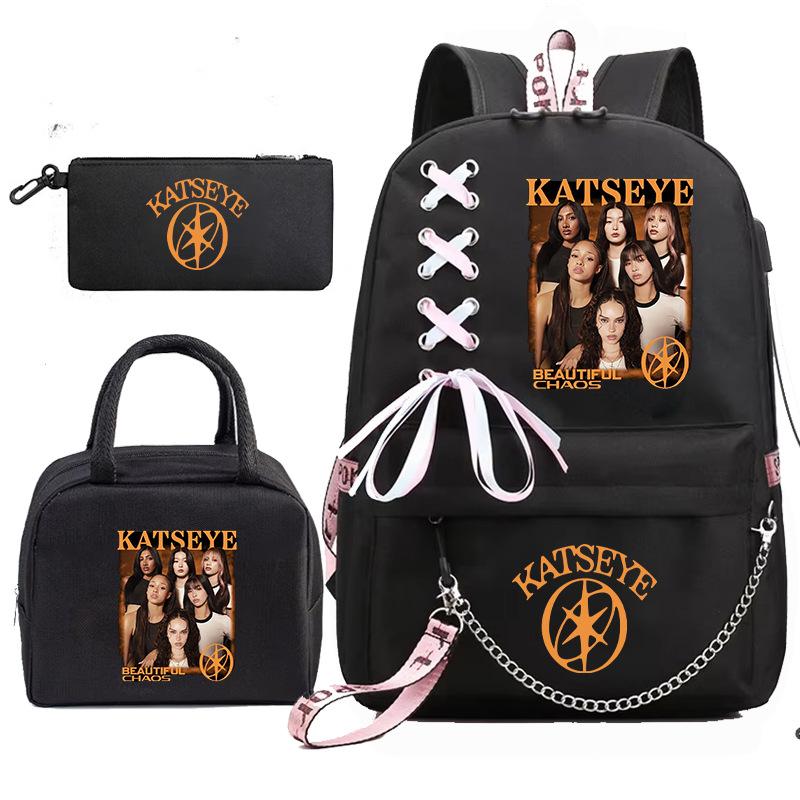 Katseye K-pop Girl Group Photo Print 3-Piece Set Student Backpack Combo 60707 Fashion School Bag Stationery Kit