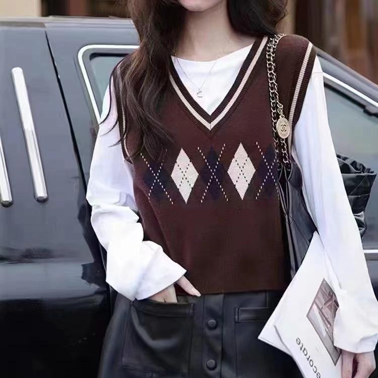 Осень 2023, новая мода, свитер, майка, вязаный жилет с v-образным вырезом для девочек