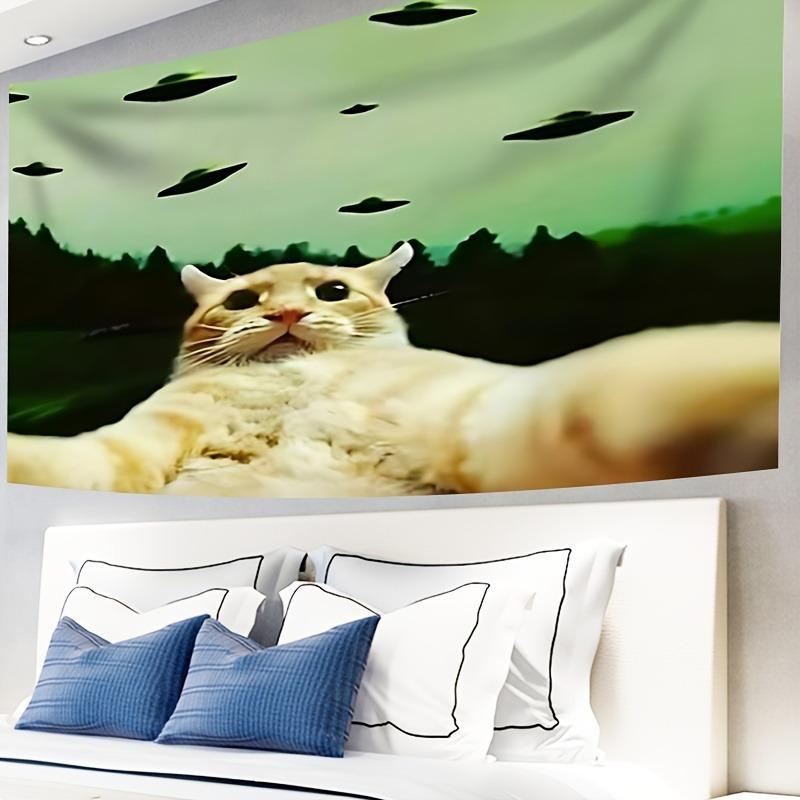 Funny UFO and Cat Theme Digital printing polyester wall tapestry suitable for use in living rooms bedrooms offices bars party