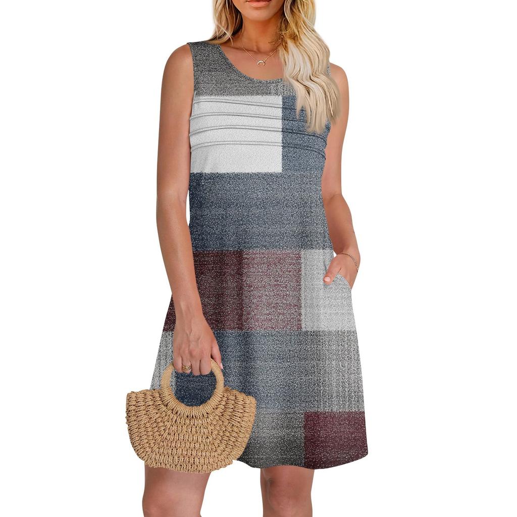 Женские летние платья с круглым вырезом, плиссировкой спереди, без рукавов, карманами, сарафаном, повседневным платьем