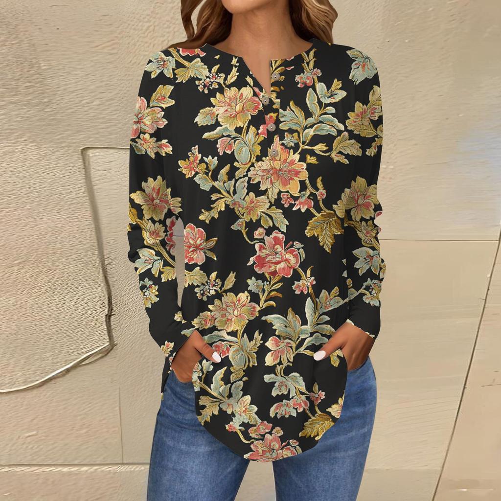 Модная свободная футболка с длинным рукавом и цветочным принтом на пуговицах, топ-пуловер
