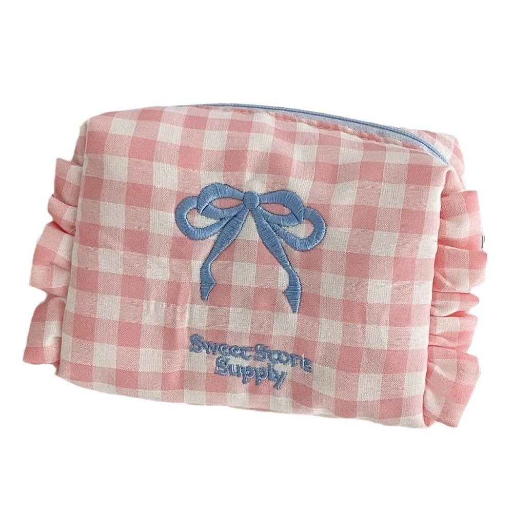 Large Capacity Travel Toiletry Bag Ruffle Edge Checkered Coin Purse Portable Women Cosmetic Bag
