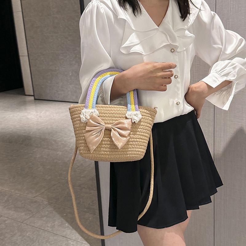 Trendy Woven Straw Bucket Bag With Bow Fashionable Casual Handbag For Women 2023