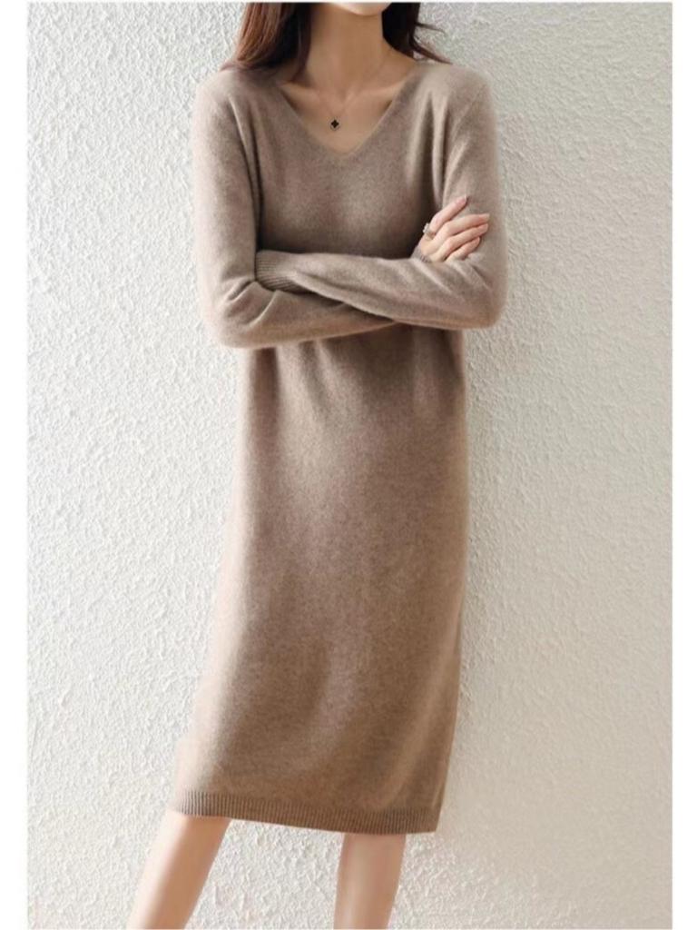 Autumn and Winter V-neck Knit Dress Women's Loose-fit High-end Feel Undercoat Long Dress French Style Coat for Ladies