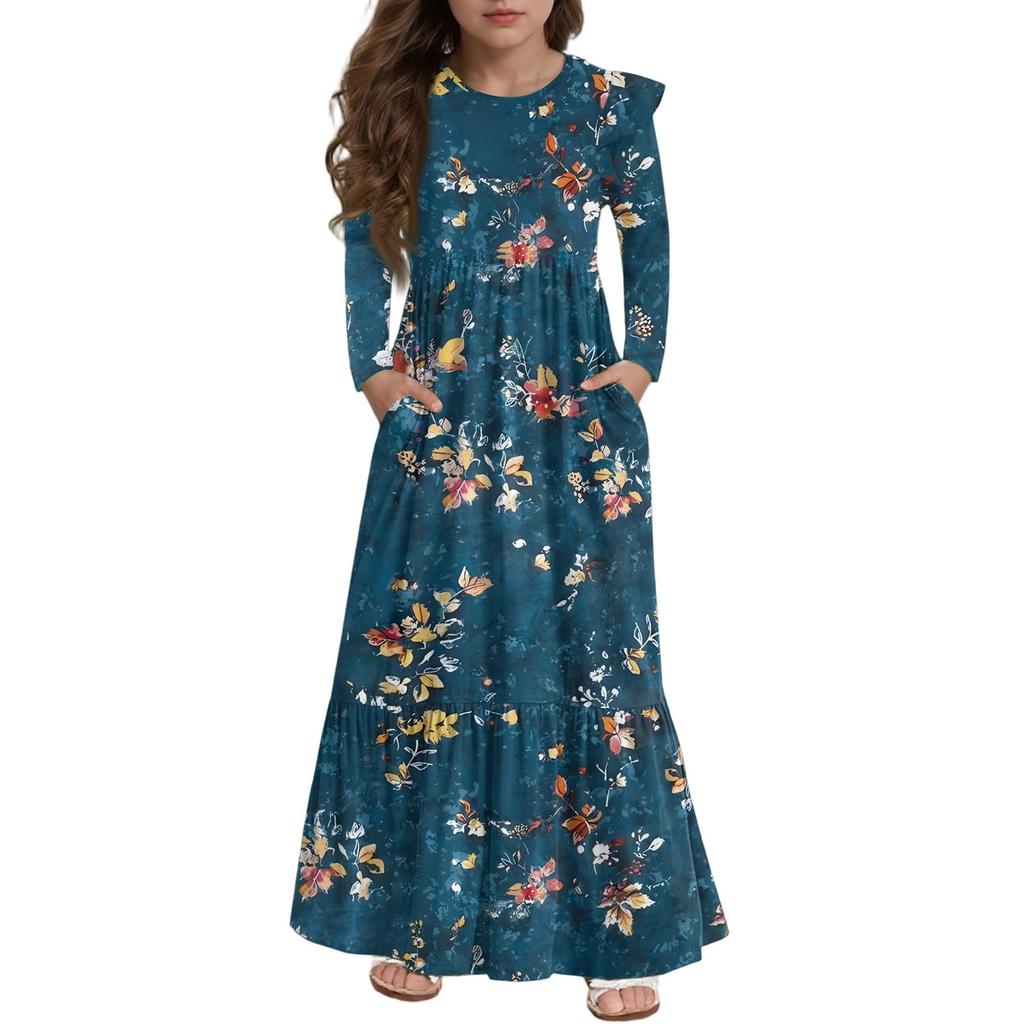 Платье с многоярусными оборками для девочек - Макси с длинным рукавом и принтом, с карманами