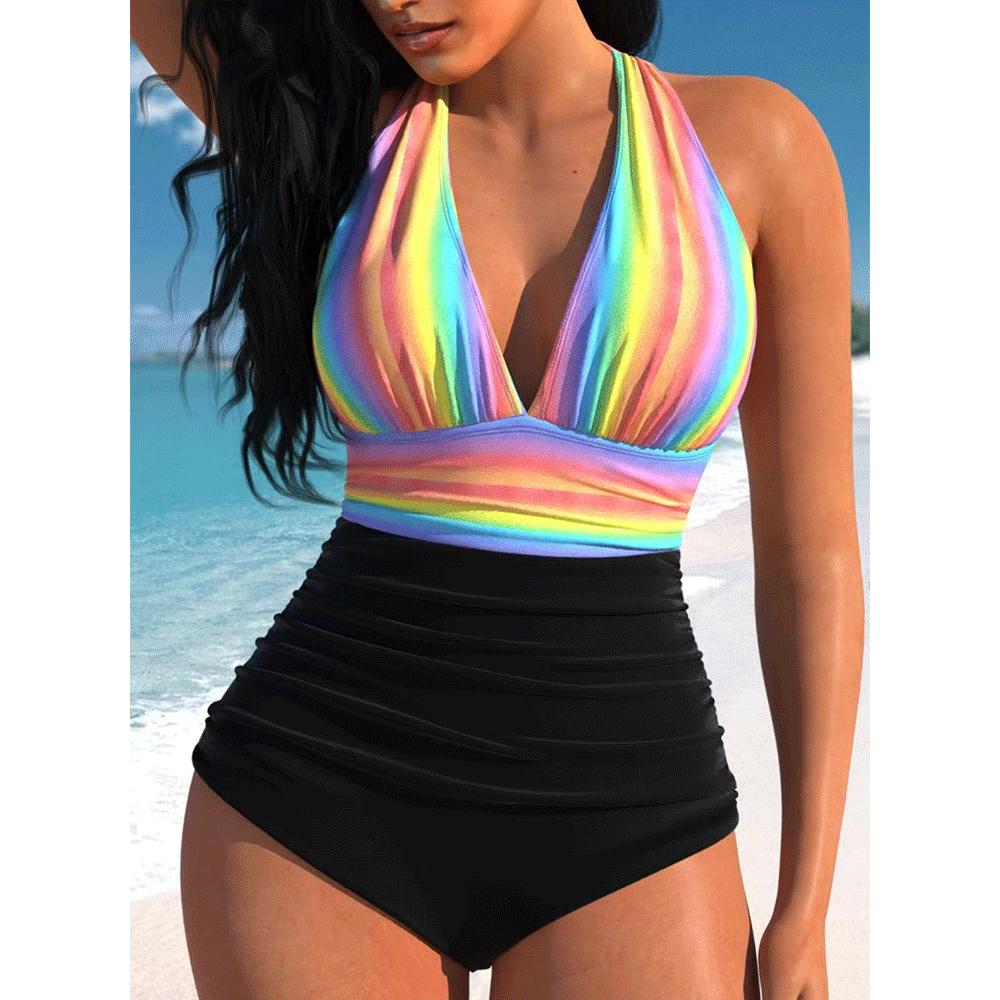 1011 new swimsuit sexy rainbow vertical strip tight backless one-piece explosive bikini European and American swimsuit