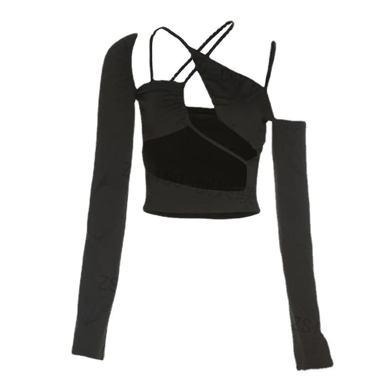 Cross Hung Neck Women's New Long Sleeved T-shirt Sexy Open Navel Top with Hollow Out Design, Tie Up Spicy Girl Suspender, Off Shoulder