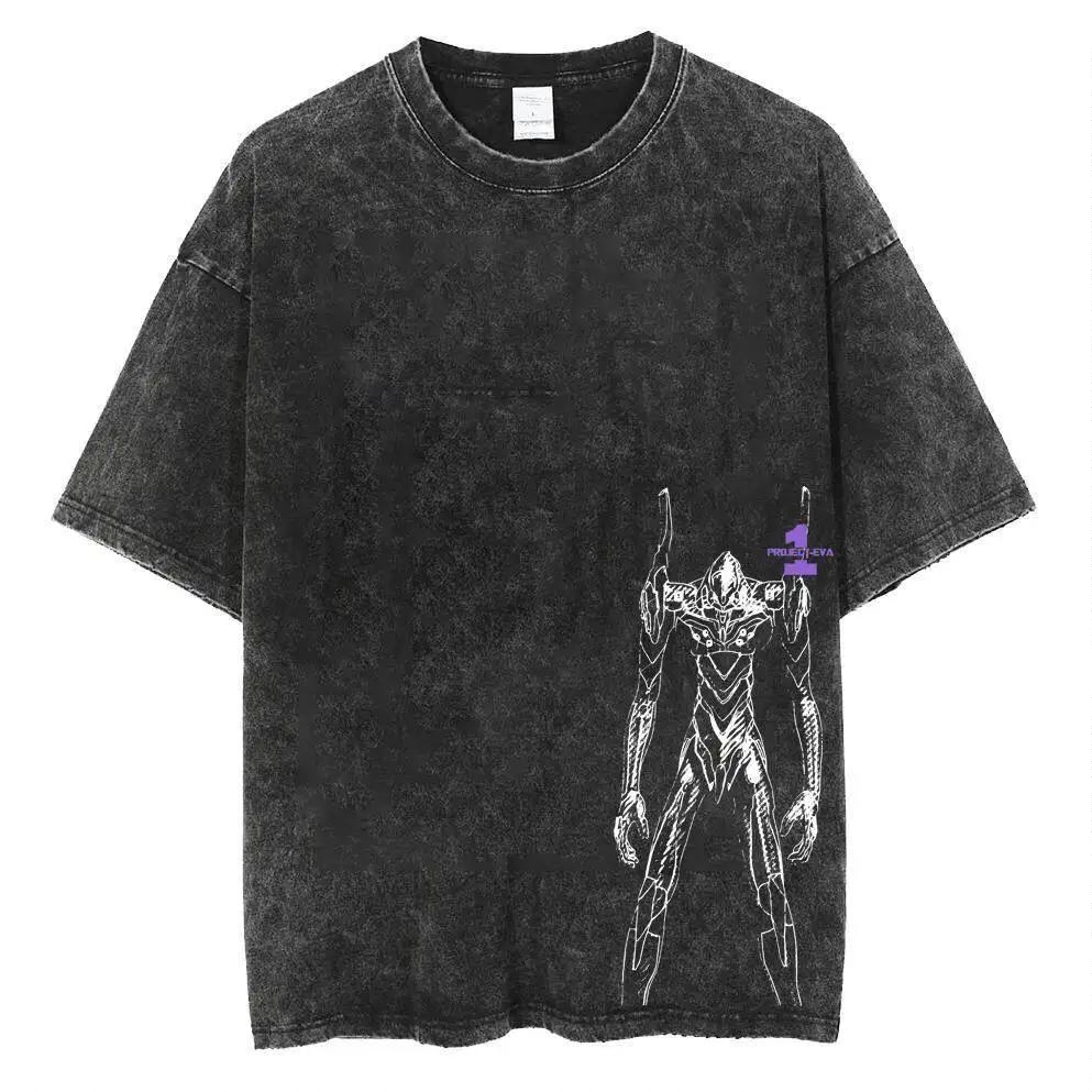 Футболка с принтом панели манги Neon Genesis Evangelion Unit-01, винтажная, стирка, 2026 Лето, Оверсайз, Уличная одежда, Графическая футболка для мужчин и женщин