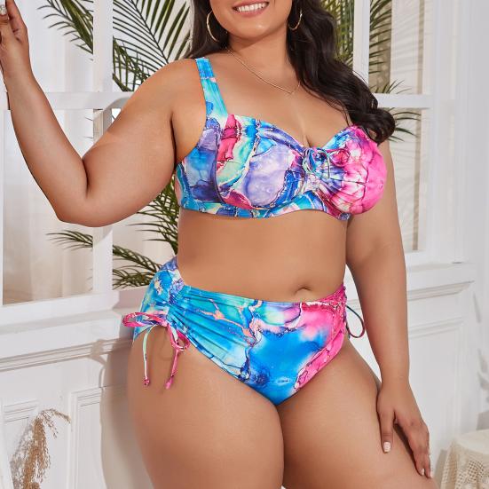 2 шт./компл. женское бикини с цветочным принтом, регулируемые бретельки, плюс размер, купальник с высокой талией и разрезом