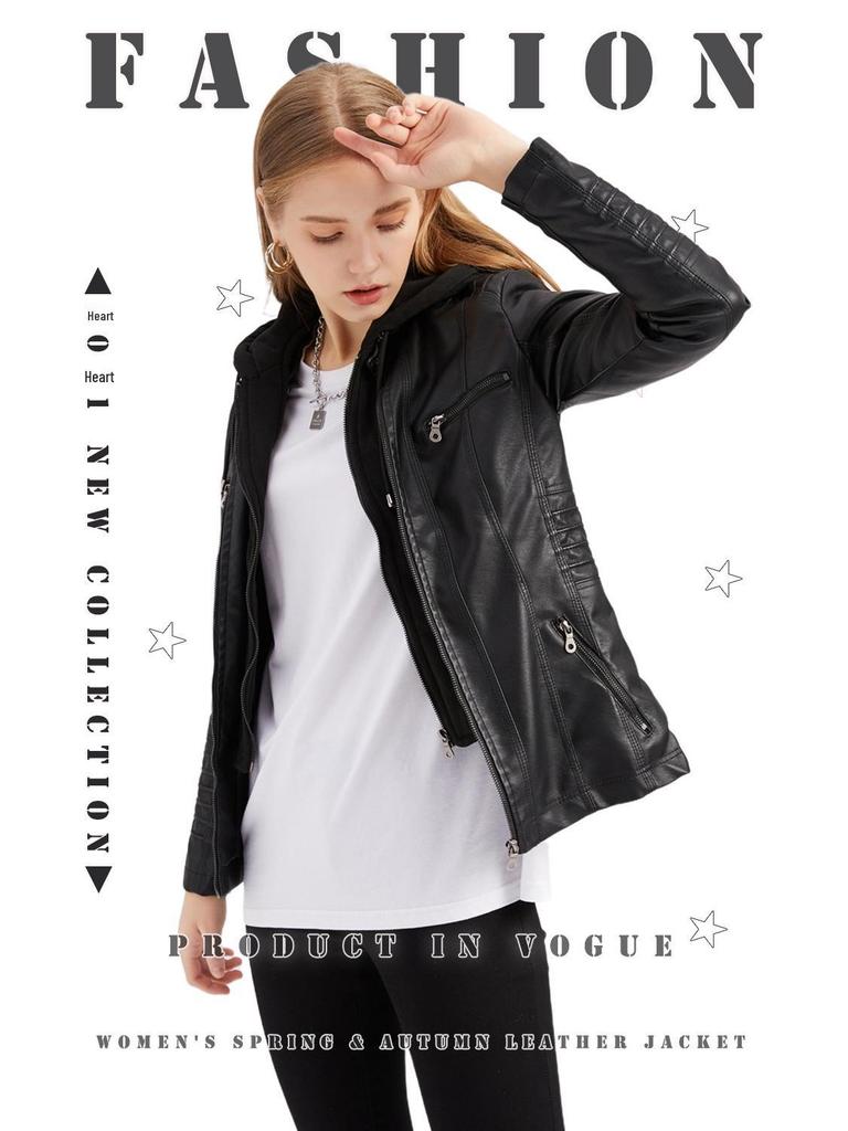 Женский комплект куртки и пальто с капюшоном из искусственной кожи с эффектом стирки больших размеров - Съемный